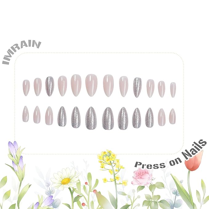 IMRAIN Press on Nails Medium Almond Fake Nails Glitter Glossy Full Cover Glue on Nails Natural Acrylic Artificial Nails Stick on False Nails for Women Girls 24Pcs