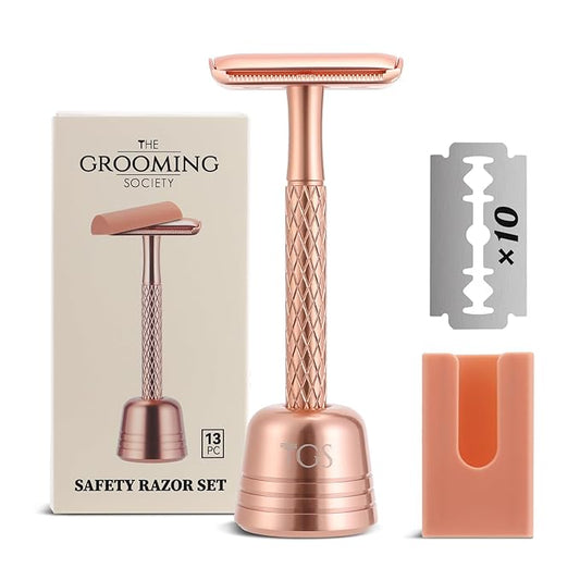 Double Edge Safety Razor for Women Rose Gold with Stand and Silicone Cover - Durable Metal Eco-Friendly Single Blade Safety Razor with 10 Blades- Closed Smooth Shave