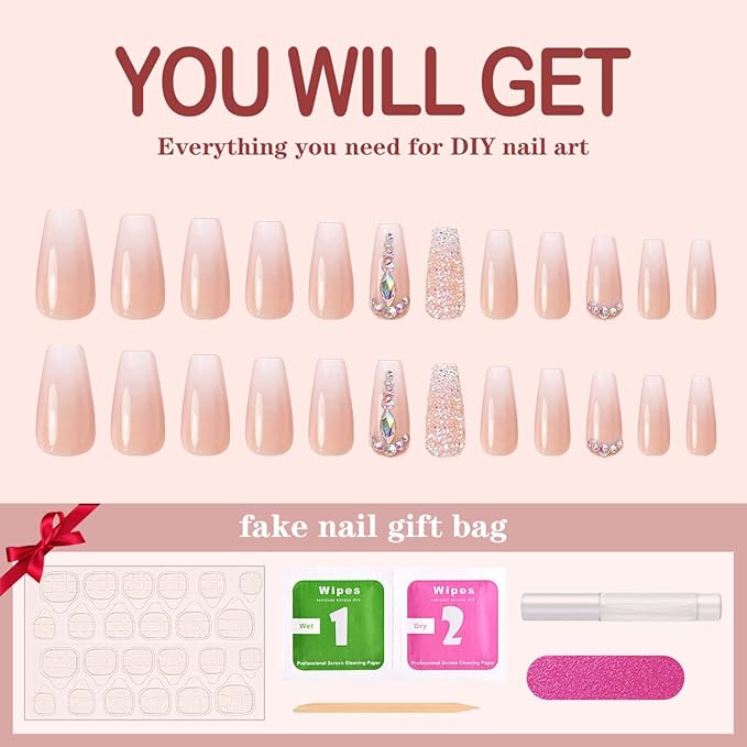 Yivaiks 24 Pcs Advanced Hand Made Customization Press on Nails, Luxurious Rhinestone Design Ballerina Fake Nails，Perfect Accessory for Banquets, Soirees, Parties(GD-004)