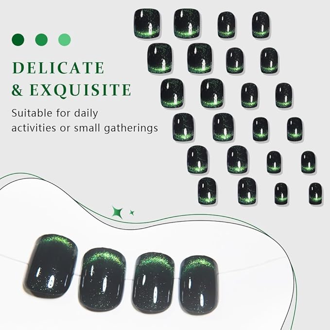 Dark Green Cat Eye Extra Short Press on Nails Square, Petite Short Square Glue on Nails for Women Gift, Smile Light Green Metallic Glitter Glossy Reusable Gel Press on Acrylic Fake Nail with Designs