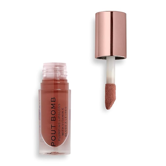 Revolution Beauty London, Pout Bomb Plumping Lip Gloss, High Shine, Rich Glossy Pigment, Infused with Vitamin E, Cookie Deep Nude, 0.15 fl oz