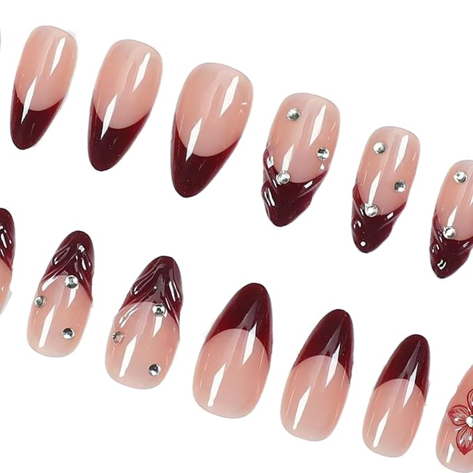 24Pcs Red French Tip Press on Nails Almond Medium Fake Nails 3D Flowers Cute False Nails with Designs Acrylic Nails Floral Rhinestone Stick on Nail Autumn Winter False Nails Artificial Nail for Women