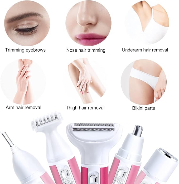 Electric Razor for Women Removal for Body Nose Hair Trimmer Face Shavers Eyebrow Legs Armpit Bikini Area Pubic Underarms Painless Rechargeable Portable 5 in 1 Womens Razors Set