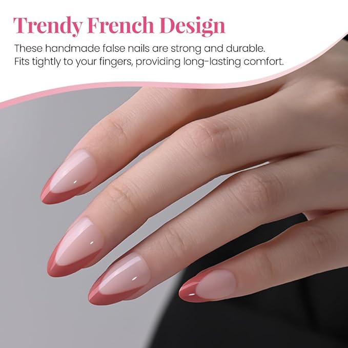 Vermilion French Tip Press on Nails Almond, Short Almond Fake Nails, Glossy Gel Finish Acrylic Press On Nails, Natural Glue On Nails, Reusable Stick On Fake Nails for Women, 30Pcs 15 Sizes