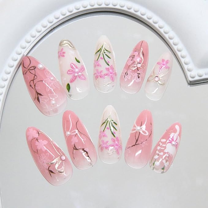 24Pcs Pink Flower Press on Nails Medium Almond Fake Nails Gilding Peach Blossom with Gems Design 3D Pearl Bow Cute Cat Stick on Nails Handmade Full Cover Artificial Glue on Nails for Women