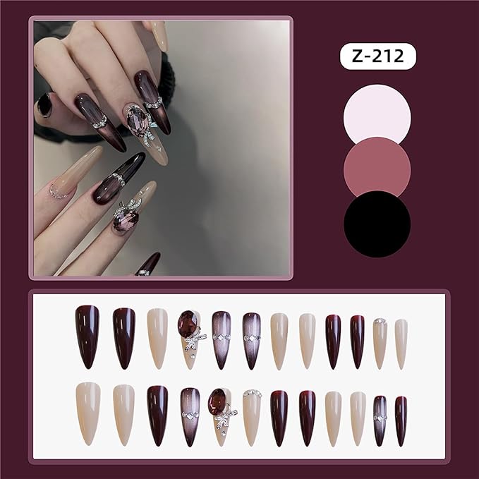 Rhinestones Press on Nails Long Length Purple Cat Eye Almond Tip Acrylic Fake Nail Full Cover Handmade Artificial Fingernails 24Pcs DIY Reusable Press Ons Artificial Stick on Nails for Women