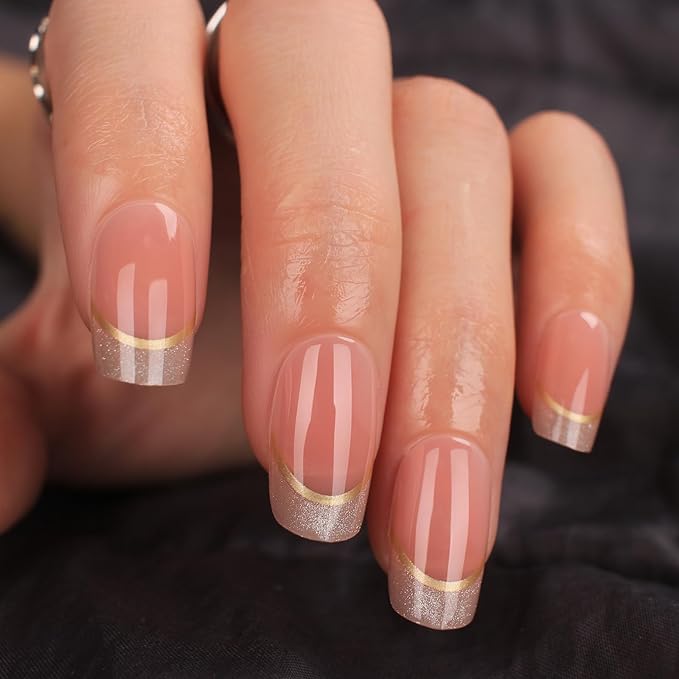 Short Almond Press On Nails Nude Glitter French Tips with Gold Outline, Glossy Acrylic Fake Nails, Reusable Stick On Nails Kit with Glue for Women, Elegant Shimmery Manicure Set