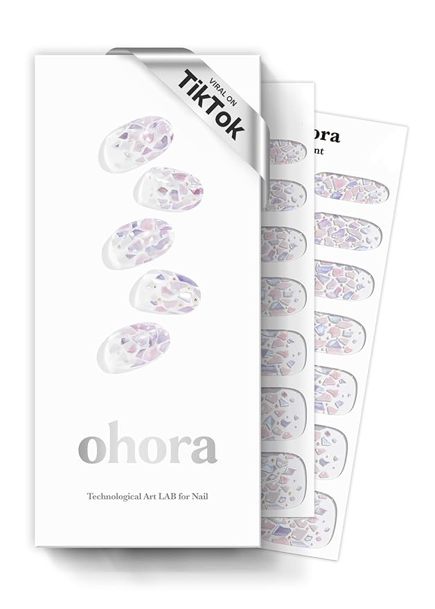 ohora Semi Cured Gel Nail Strips (N Petal Rain) - Purple, Patterned, Works with Any UV/LED Lamps, Salon-Quality, Long Lasting, Easy to Apply & Remove - Includes 2 Prep Pads, Nail File & Wooden Stick