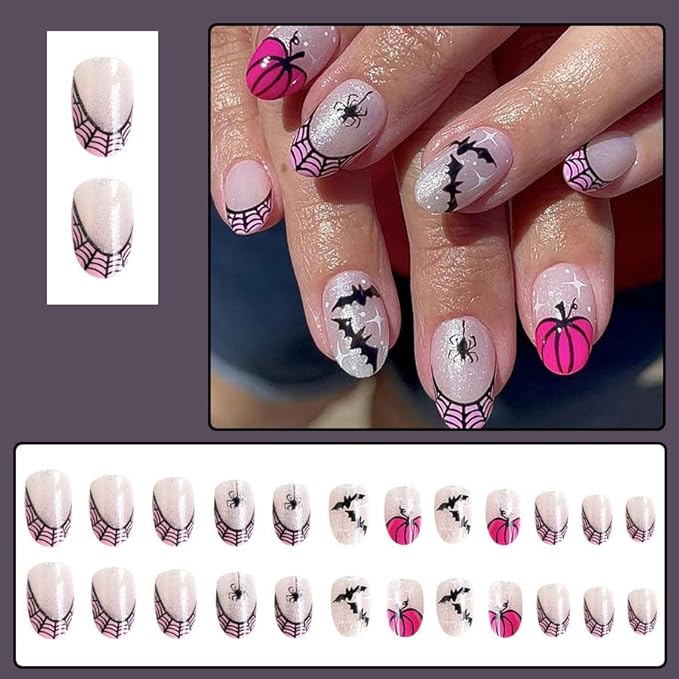 Short Almond Press on Nails Halloween Fake Nails French Tips False Nails Black Spider Bat White Glitter Pumpkin Design Spider Web Full Cover Stick on Nails for Women Decoration Holiday Nail