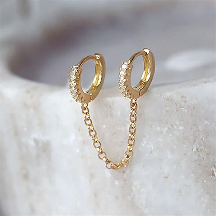 Boho Double Chain Hoop Earrings Gold Cz Hoop Chain Earrings Punk Dangle Chain Earrings Rhinestone Huggies Studs Earrings Jewelry for Women and Girls Gifts