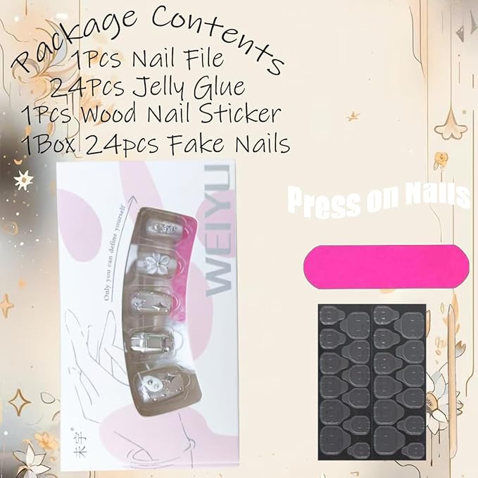 30Pcs Short Press on Nails Square Fake Nails with Gem Rhinestones Design White Flower False Nails Silver Star Line Acrylic Nail Autumn Glue on Nail Reusable Glitter Stick on Nails for Women Manicure