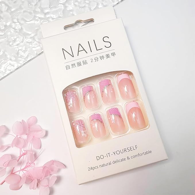 French Tip Press on Nails Short Square Fake Nails Pink Flower False Nails with Design Glitter Line Glue on Nails Full Cover Acrylic Nails Stick on Nails for Women Girls Manicure 24 Pcs
