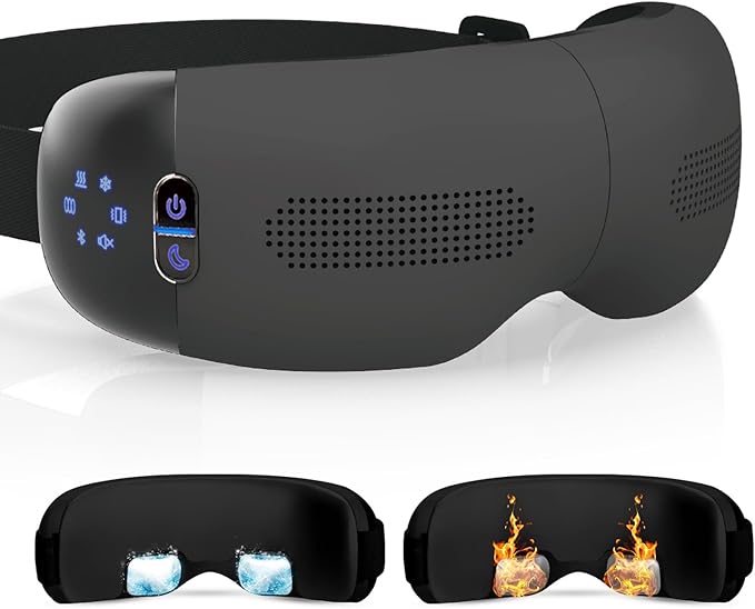 HubiCare Eye Massager with Heat and Cooling for Dark Circles Puffiness Eye Massage for Migraines Bluetooth Music Eye Care for Dry Eyes Sleep Relax (Matte Black)