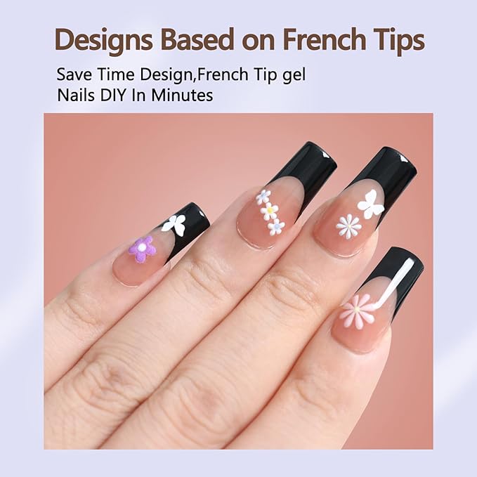 Misssix Black French Gel Nail Tips, 240Pcs French Tip Press on Nails Long Square, No Need to File 3 in 1 Tips Pre-lasting, Fake Nails for Nail Art DIY 15 Sizes