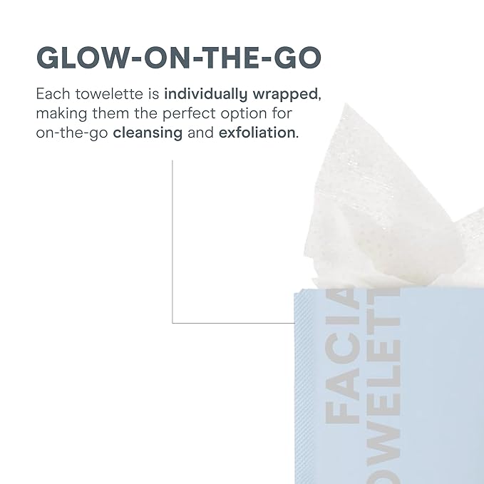 NuFACE Prep-N-Glow Facial Towelettes - 2-in-1 Exfoliating + Cleansing Makeup Remover Wipes, Hyaluronic Acid Travel Face Wipes to Hydrate & Brighten for Glowing Skin - 20 Individually Wrapped Cloths