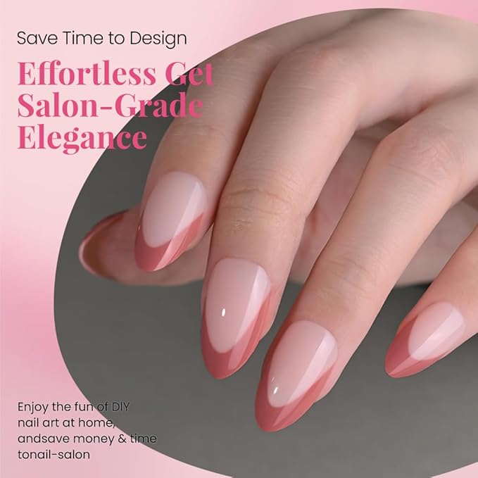 Vermilion French Tip Press on Nails Almond, Short Almond Fake Nails, Glossy Gel Finish Acrylic Press On Nails, Natural Glue On Nails, Reusable Stick On Fake Nails for Women, 30Pcs 15 Sizes