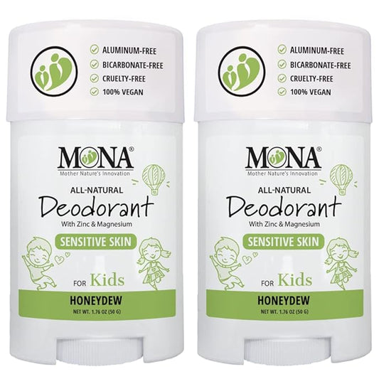 MONA Brands KIDS Deodorant for Girls, Boys, Preteens & Teens | Safe for Sensitive Skin - No Baking Soda, Aluminum or Synthetic scents | (2-PK HONEYDEW 1.76 Oz each)