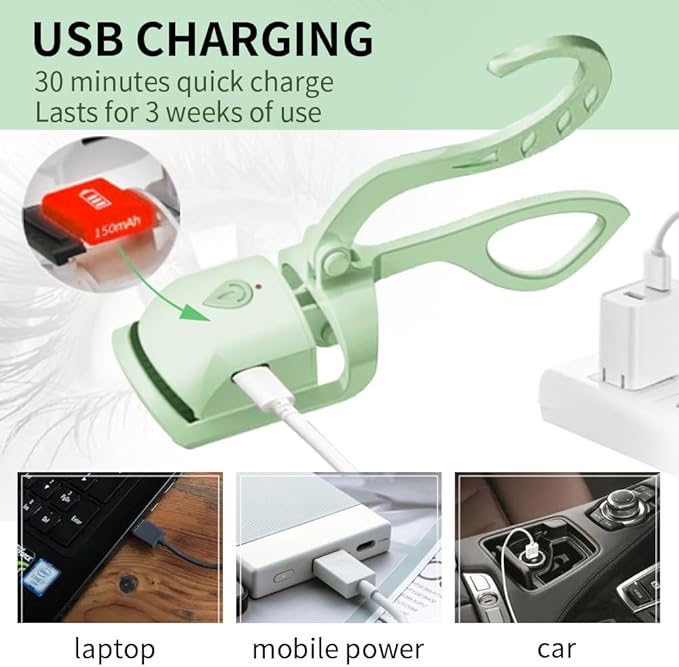 Heated Eyelash Curler, Fast 5s Heat up, 24 Hours Long Lasting, Rechargeable Electric Lash Curler, Temperature Control, Safe Anti-Burn Eye Lash Curler, Quick Natural Curling Lashes (Green)