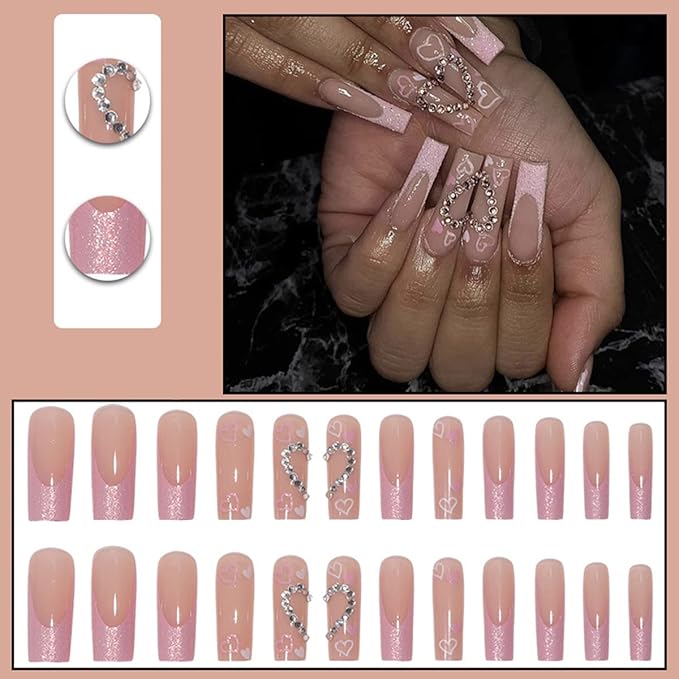 Glitter French Tips Press on Nails Long Square Fake Nails Pink Full Cover Acrylic False Nails with Rhinestone Heart Design Coffin Glue on Nails Artificial Nails for Women Girls Nail Decorations 24Pcs