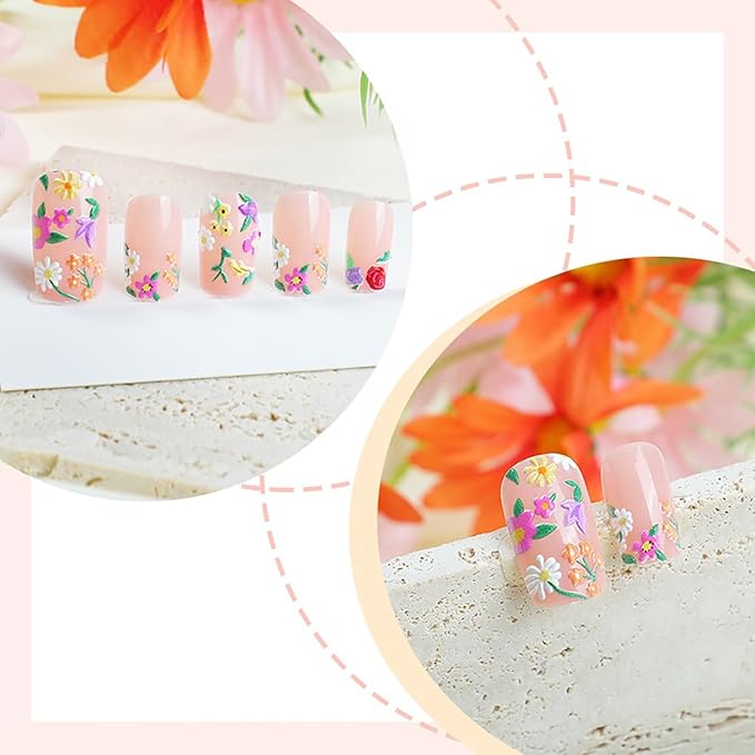 Flower Press on Nails Medium Square Fake Nails French Tip with Floral Design Daisy False Nails Nude Stick on Nail Spring Summer Acrylic Glue on Nail Glossy Reusable for Women Manicure Decor