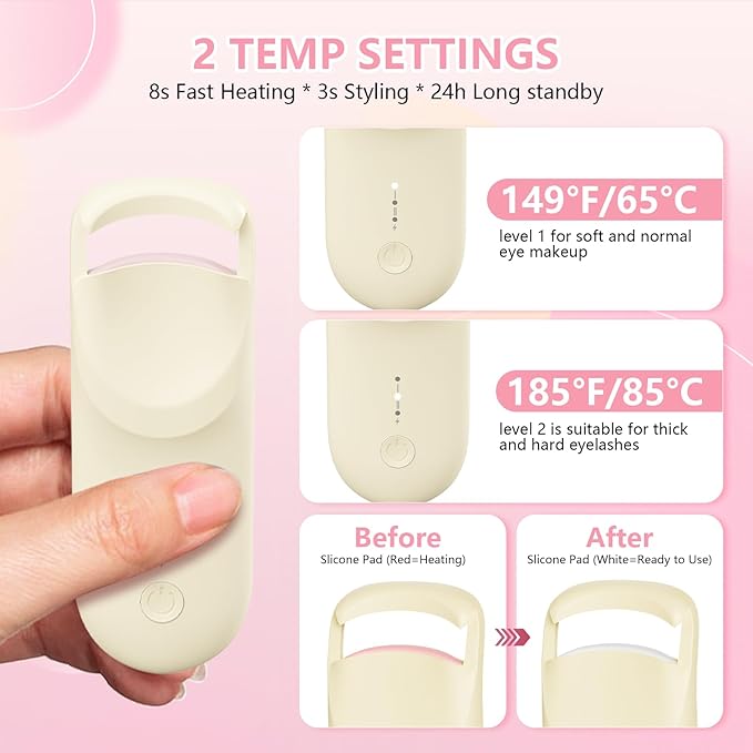 Heated Eyelash Curler, Electric Eyelash Curler with 2-Temp Modes & Type-C Charging, 8s Fast Heat 3s Style 24H Lift for Long-Lasting Natural Effortless Curls, Mini Heated Lash Curler for Women(Beige)