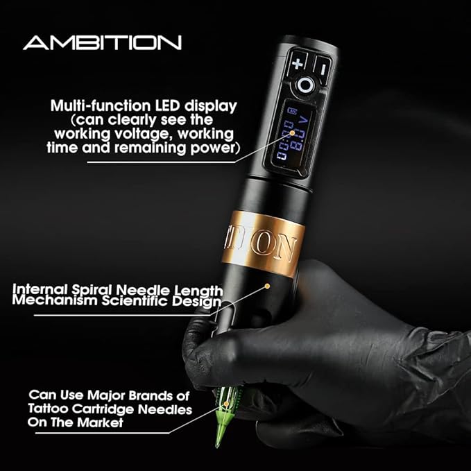 Ambition Soldier Rotary Battery Pen with Extra Battery Tattoo Cartridge Machine 2400mAh Wireless Power Japan Coreless Motor Digital LED Display Tattoo Equipment Supply for Professional Tattoo Artists