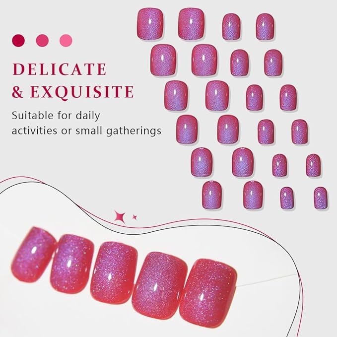 Blue Red Cat Eye Extra Short Press on Nails Square, Petite Short Square Glue on Nails for Women Gift, Purple Red Metallic Glitter Glossy Reusable Stick Gel Press on Acrylic Fake Nail with Designs