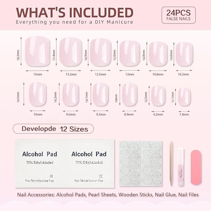 Burgundy Press On Nails Short Square Shape, Glossy Gel Finish Acrylic Fake Nails Kit, Reusable Glue On Nails, Long-Lasting, Natural Stick-On Manicure Set for Women, 24pcs DIY Elegant Nails