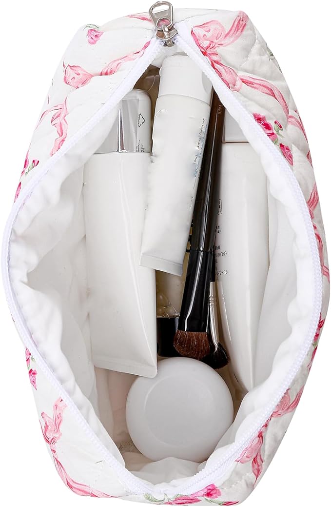 Makeup Bag Travel Cosmetic Bag for Women Girls, Zipper Make Up Pouch, Floral Flowers Toiletry Organizer Makeup, Portable Storage Bag, Cosmetic Travel Cloth Bag (2 Pack (L+S)/Pink Bowknot)