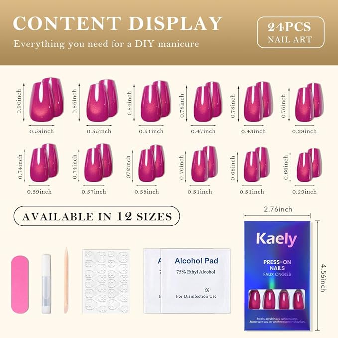 evpct Purple Red Cat Eye Coffin Press on Nails Square Medium, Medium Square Glue on Nail for Women, Purple Red Metallic Glitter Glossy Reusable Summer Soft Gel Press on Acrylic Fake Nail with Designs