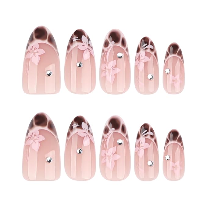 French Press On Nails Almond medium, Nude Pink Fake Nails with Floral & Brown Gradient French Tip Detail, Rhinestone Accent, Glossy Gel Finish Acrylic Nails Reusable Glue On Nails for Women
