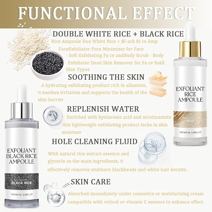 Rice Exfoliating Ampoule Set – Duo for Gentle Peel + Pore Minimizing & Deep Hydration, Exfoliant for All Skin Types (White+Black,)