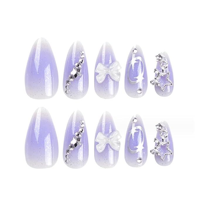 Hkanlre Long Almond Press on Nails Bow Fake Nails Tips Full Cover False Gradient Nails for Women and Girls 24PCS