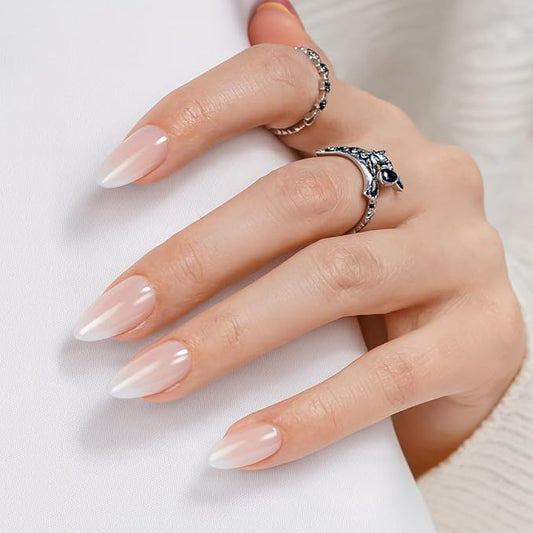 Press on Nails, Short Press on Nails Almond Reusable Glossy Pink White Nails Soft Gel False Nails Press ons for Women, 16 Sizes 32 Count Nails Kit with Glue (SV-05)