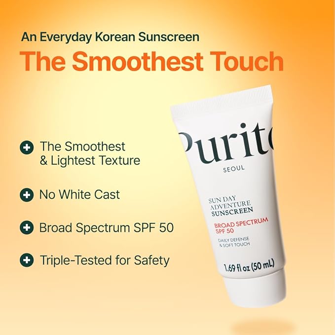 PURITO Sun Day Adventure Korean Sunscreen Smoothest and Lightest Texture Broad Spectrum SPF 50 UVA & UVB Protection No White Cast Oil Free For All Skin Types Vegan Daily Skin Care 50ml, 1.69 fl.oz