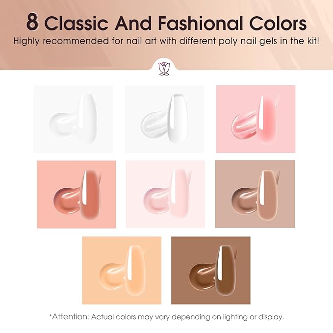 ROSALIND Poly Nail Gel Kit -8 Colors + Nail Art Accessories Kit Neon Poly Nails Gel Kit Starter Kit With Slip Solution Pro Clear Bright Colors Nail Extensions Gel Set with Mini UV Lamp