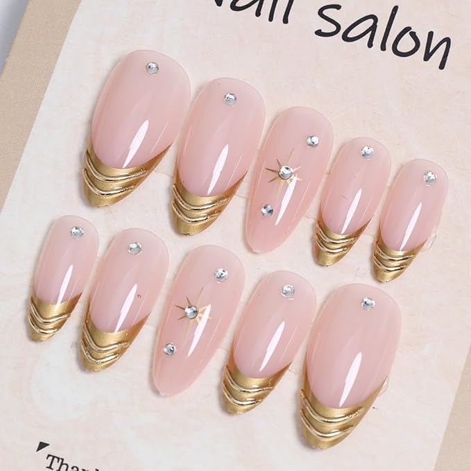 24Pcs Gold French Tip Press on Nails Medium Almond Fake Nails Gold Star with Rhinestones Glitter Full Cover Acrylic Nails Glue on Nails French False Nails Glossy Stick on Nails for Women Manicure Tips