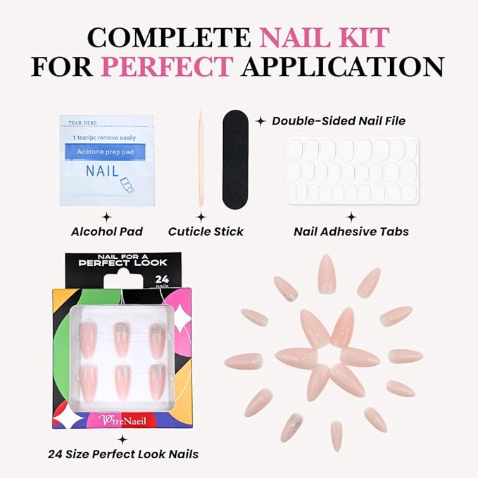 Perfect Look Press On Nails - Blush Sparkle | No Glue One-Day Nude Pink Almond Fake Nails with Glitter Tips for Weddings - 24 Pcs Nail Kit with Adhesive Tabs