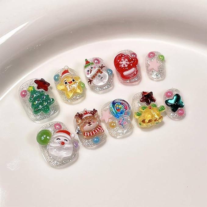 10Pcs Christmas Press on Nails Short Square Fake Nails Petite Cute Christmas False Nails with Santa Claus Snowman Christmas Tree Bells Rhinestones Design Glitter Winter Xmas Glue on Nail for Women DIY