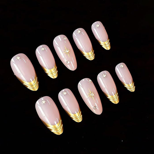 24Pcs Gold French Tip Press on Nails Medium Almond Fake Nails Gold Star with Rhinestones Glitter Full Cover Acrylic Nails Glue on Nails French False Nails Glossy Stick on Nails for Women Manicure Tips