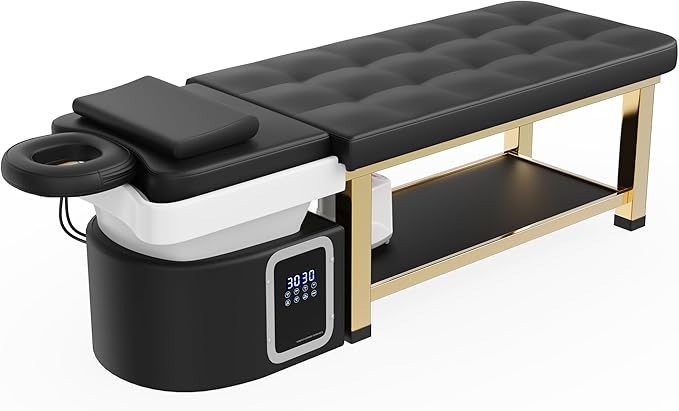 Hair Washing Head Spa Stationary Massage Table with Water Cycle & Fumigation Salon Equipment for Beauty Head Spa Physical Therapy Massage, Stainless Steel Gold Color-Plated Frame, PU Leather - Black