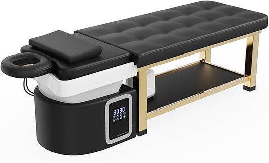 Hair Washing Head Spa Stationary Massage Table with Water Cycle & Fumigation Salon Equipment for Beauty Head Spa Physical Therapy Massage, Stainless Steel Gold Color-Plated Frame, PU Leather - Black
