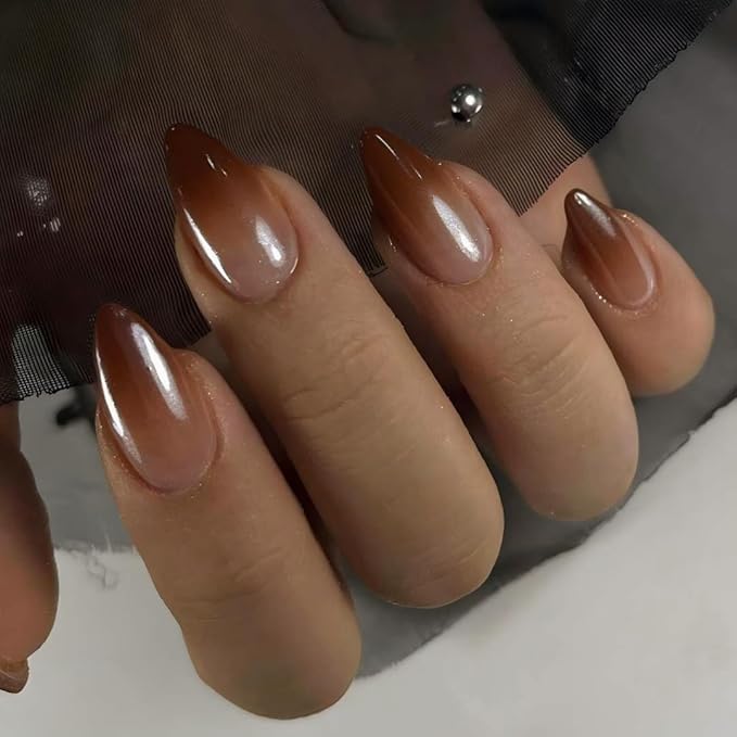 KQueenest Press On Nails Almond - Ombre Brown Press On Nails Medium Length, French Dark Fake Nails with Nail Glue, Reusable Soft Gel Gradient Nude Brown Glue On Nails for Women Decoration, 24 Pcs