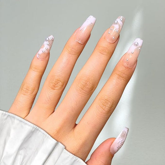Perfect Look Press On Nails - Pearl Marble | No Glue One-Day Long Coffin Nails, Nude Marble Nails with Pearl Accents - 24 Pcs Nail Kit with Adhesive Tabs