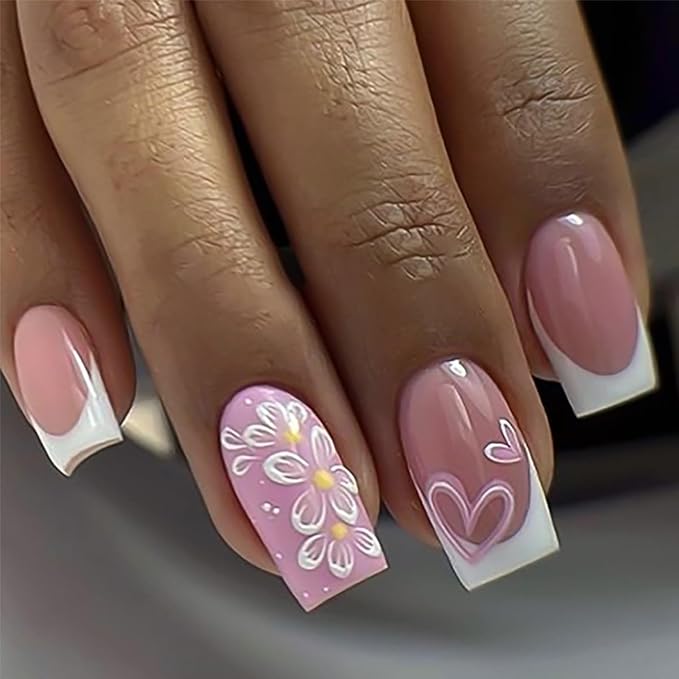 Flowers Press on Nails Square Medium Fake Nails White French Tip False Nails Pink Glossy Full Cover Glue on Nails Heart Artificial Stick on Nail for Women Manicure DIY