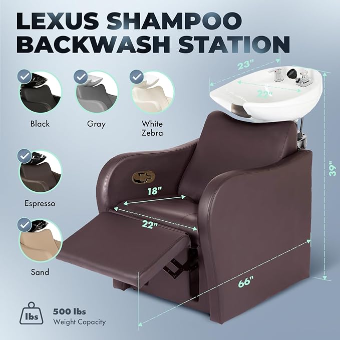 Buy-Rite Lexus Backwash Unit with Tilting White Porcelain Shampoo Bowl, Extra Wide Foam Padded Seat, Kick-Out Leg Rest & Single Handle Faucet - Salon Shampoo Chair, TS-8018B-ESP-WHITEBOWL