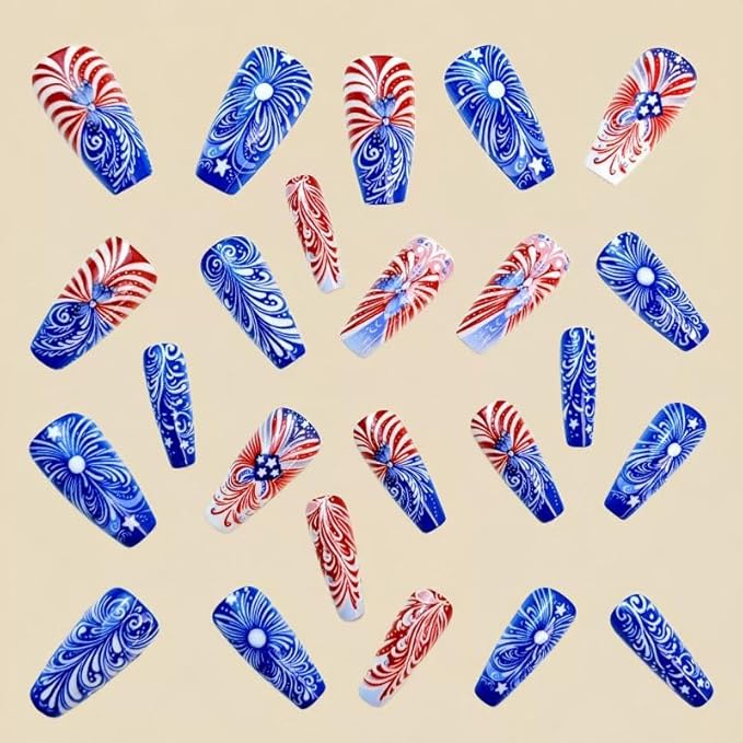 Long Press on Nails Coffin Fake Nails Blue False Nails with Design Full Cover Nails for Independence Day 24pcs Kit
