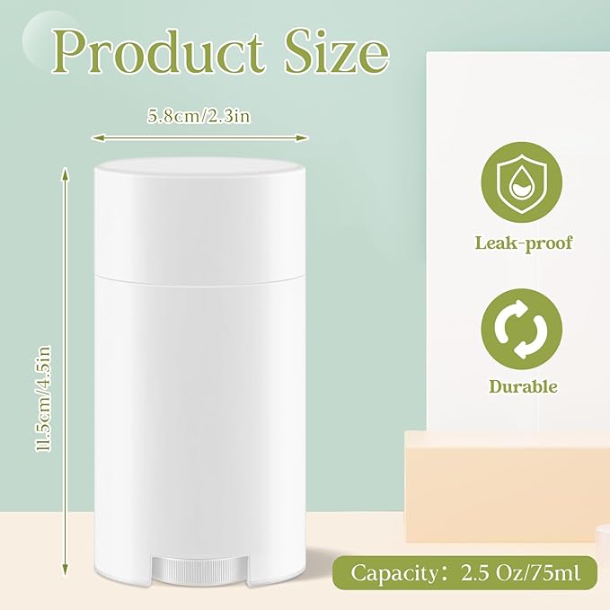 30 Pack 75ml/2.5oz Empty Deodorant Containers, Bottom Filling, White Plastic Oval Refillable Deodorant Containers Twist up Oval Lip Balm Tube for DIY Deodorants Lipstick Crayon Lotion