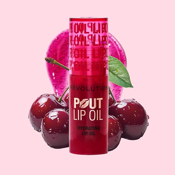 Revolution Beauty London, Pout Lip Oil, Nourishing Tinted Lip Oil, High Shine, Non-Sticky Finish, Vegan & Cruelty-Free, Cherry Red, 0.13 oz