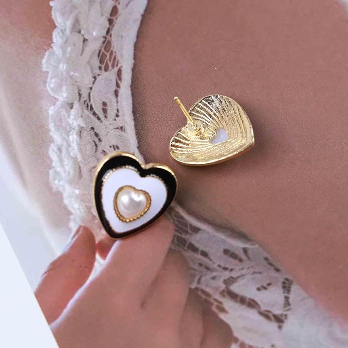 Vintage Pearl Heart Stud Earrings Enamel Heart Earrings Heart Love Earrings White Minimal Earrings Jewelry for Women